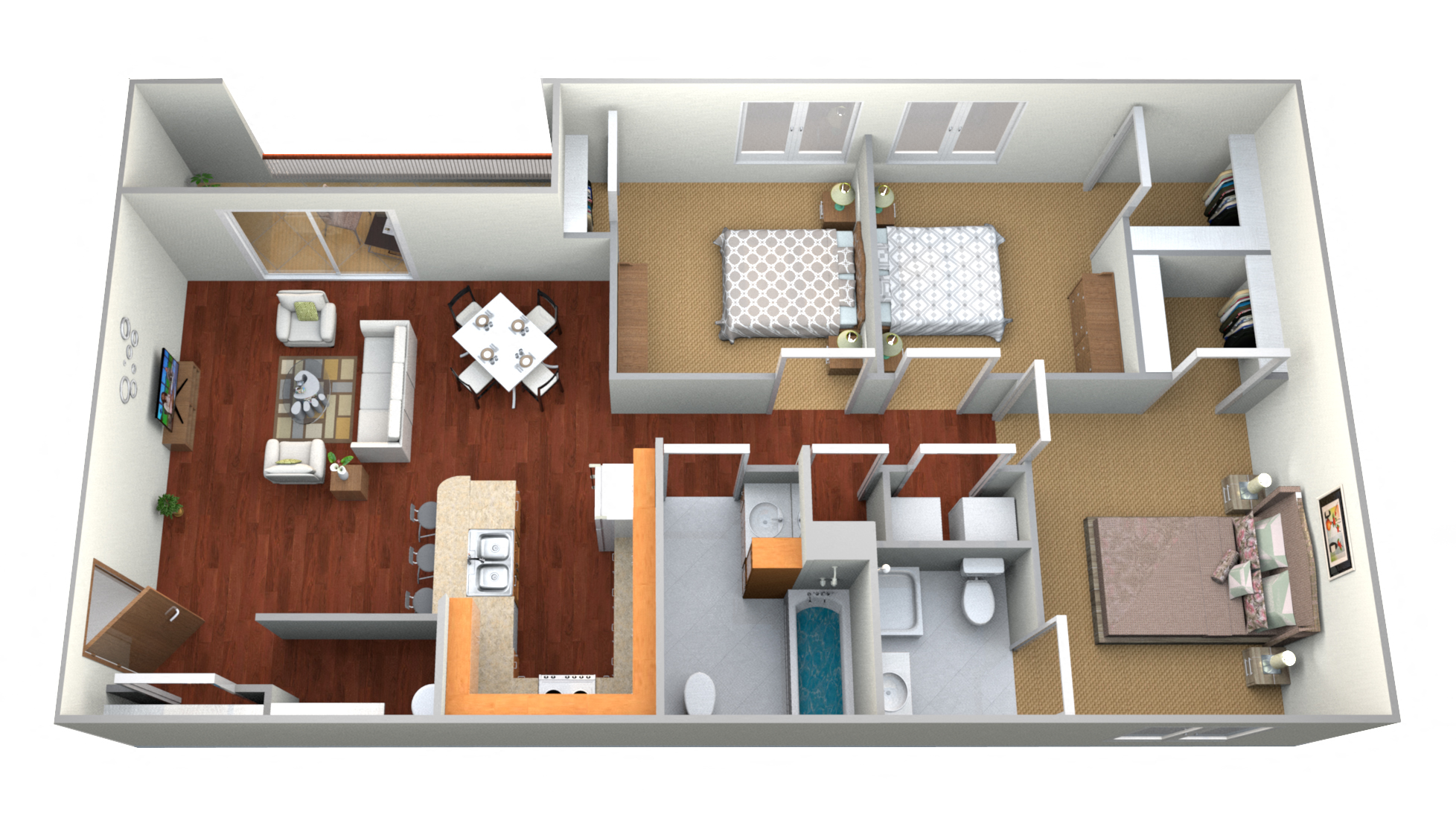 Floor plan for 3 beds, 2 baths, 1300 sqft